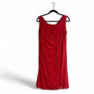 Vicky Tiel Dress SzL Elegant Red Sleeveless Scalloped Hem Lined Ruching Slimming